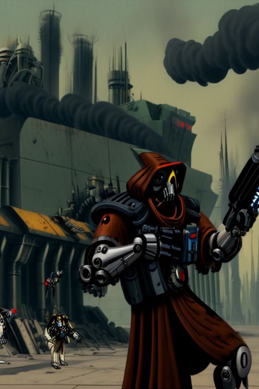 ((masterpiece,best quality)), absurdres, BREAK
mechanical arms, robes, hood, BREAK
((techpriest)), cyborg, mechanical face, mechanical limbs, gas mask, mechanical tentacles, (mechanical backpack), BREAK
1other, solo, holding pistol, firearm, handgun, pistol, gun, BREAK
factory background, smoggy sky, air pollution, smokestacks, BREAK
(blender)