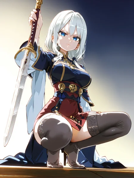 score_9,score_8_up,score_7_up,score_6_up,source_anime, shiny, shiny skin, <lora:MeMaXLV3_TypeB_AutismMix:0.8>, <lora:AIイラストおじさん:0.8>, <lora:Asutora-PonyXL-1024px:0.8>, <lora:chernyyvo:0.8>, <lora:Asanagi-Style-PonyXL-Final:1>,
artstyle, holding chinese sword,chinese sword, serious expression,1 girl,solo, dynamic angle,dutch angle,foreshortening,perspective, fisheye lens ,simple background, full body, squatting, on one knee, best quality, amazing quality, very aesthetic, absurdres, wide hips,stockings,huge_breasts,complex posture,wide hips,white skin,stockings,Oil shiny skin,best quality, amazing quality, very aesthetic, absurdres
,<lora:add-detail-xl:1>, japanese, ultra detailed, serious, best quality, amazing quality, very aesthetic, absurdres, masterpiece, best quality,spotlight,masterpiece, best quality, high quality, highres, absurdres, caustics, offcial art, anime screencap,