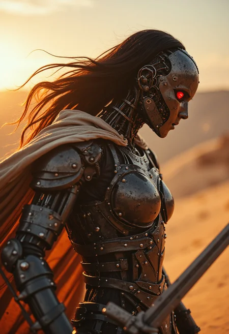 Extreme Face Closeup, FredFraiStyle, upper body closeup shot, old grainy analog photo, bad image quality, heavy film grain, monochrome with low key color spots, Create an action scene featuring a intricately wired and mechanical robot Knight with Female head and Long hair in a broad outworn cape, standing in the midst of an desert forest. He is executing a powerful sword strike that carves a furrow through the sand on the ground, scattering them away or disintegrating them with the force of the blow. The focus is on the intricate designed head of the robot in motion, showcasing the reddish blur of light that eye trails with the swift motion of the slash, capturing the dynamic speed of the fighter. Pressure Wave, floating particles, The warriors stance is calm and cool, with only his silhouette visible against the backdrop of the setting sun, which shines through parts of his metallic body. His billowing Linen cape adding to the dramatic effect. The scene is vibrant with atmospheric lighting and cinematic composition.