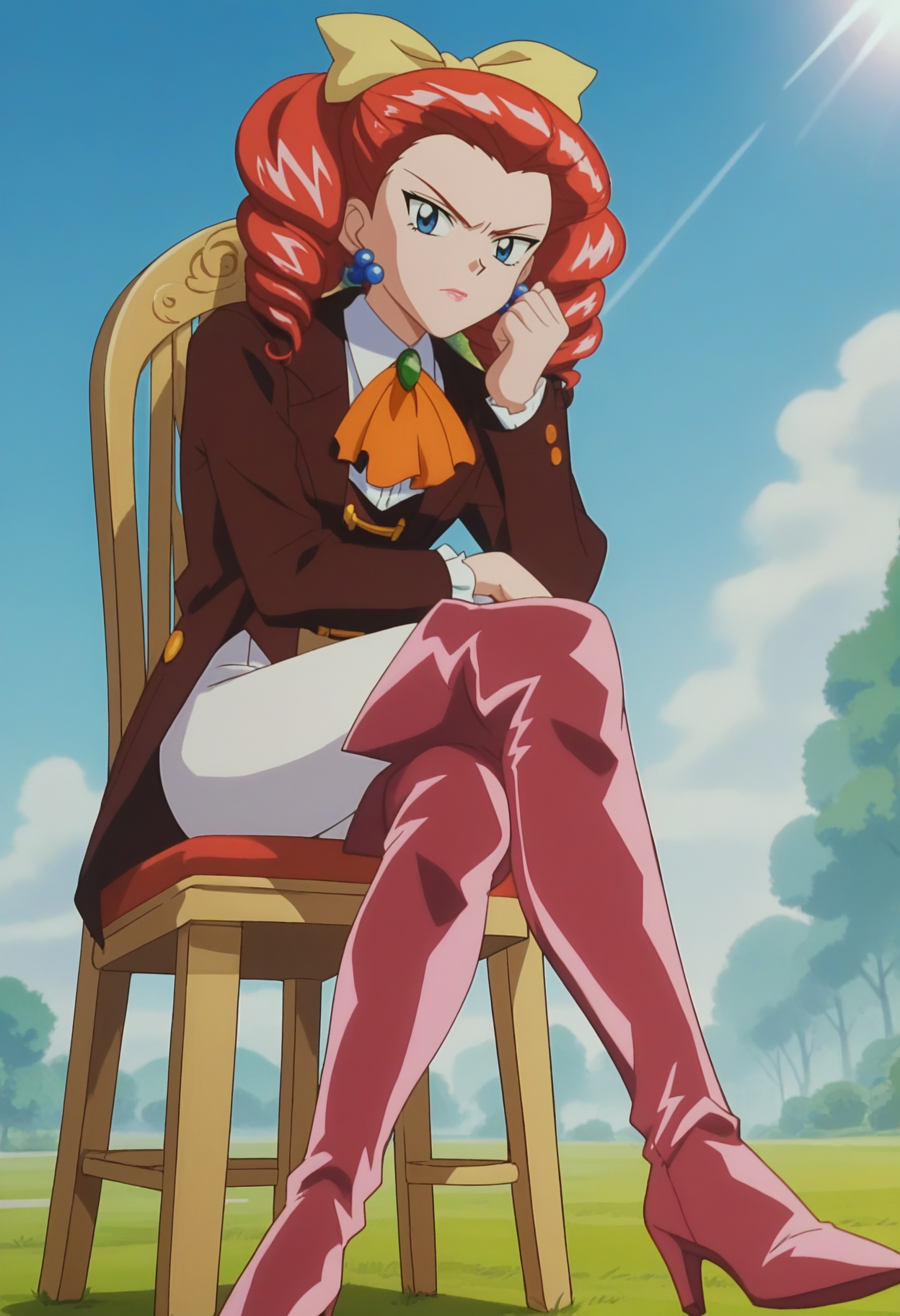 score_9, score_8_up, score_7_up, score_6_up, anime screencap, anime coloring, <lora:PMJessebelle_epoch_7:0.8>, PMJessebelle, blue eyes, red hair, drill hair, yellow bow, hair bow, earrings, lipstick, pink lips,
brown jacket, orange ascot, white pants, thigh boots, high heel boots,
sitting, crossed legs, looking at viewer, disgust, chair,
BREAK day, sunlight, outdoors,
