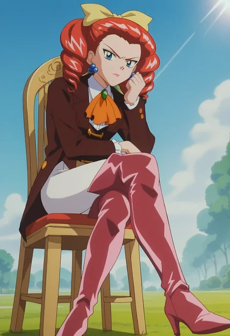 score_9, score_8_up, score_7_up, score_6_up, anime screencap, anime coloring, <lora:PMJessebelle_epoch_7:0.8>, PMJessebelle, blue eyes, red hair, drill hair, yellow bow, hair bow, earrings, lipstick, pink lips,
brown jacket, orange ascot, white pants, thigh boots, high heel boots,
sitting, crossed legs, looking at viewer, disgust, chair,
BREAK day, sunlight, outdoors,
