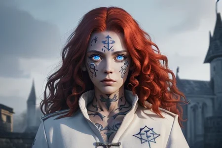 bright red hair, human female, (feminine:1.7), (beautiful face, detailed face:1.6), (beautiful eyes, detailed eyes:1.7), (looking at viewer, eye contact, intense:1.6), (long hair, red hair, curly hair:1.3), , ((masterpiece, best quality, high resolution, realistic, best quality,)), photo realistic, Perfect Face, (detailed face). <lora:GoodHands-vanilla:0.6> <lora:add-detail-xl:0.8>, mage, (Dress White military uniform coat), dagger, rune dagger, glowing runes, , (((glowing magic symbols tattoos, religious tattoos))), ((face tattoos)), glowing tattoos, stone tower in the background