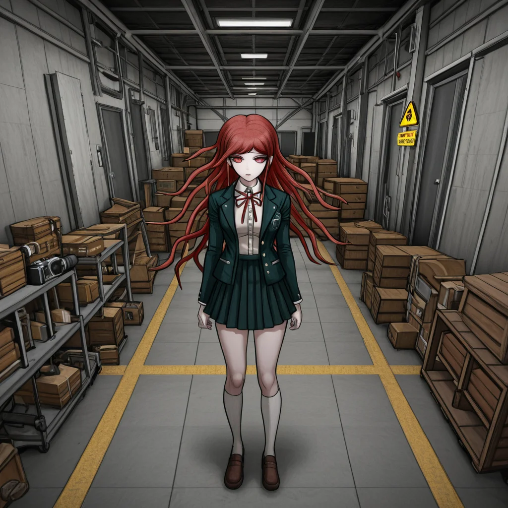 masterpiece, best quality, absurdres, <lora:Danganronpa_Locations:1>,  danganronpa sprite style, danganronpa_sprite_style , <lora:Ryoko_Otonashi:0.2>, danganronpa/zero, danganronpa_(series), otonashi_ryouko, 1girl, breasts, red_eyes,red_hair, grey_jacket grey_skirt, dress_shirt, white_shirt, jacket, kneehighs, loafers, long_hair, long_sleeves, neck_ribbon, open_clothes, open_jacket, pleated_skirt, red_ribbon, ribbon,school_uniform, shirt, shoes, skirt, socks, solo,white_socks , indoor_scene,warehouse,storage_room,refrigerators,wooden_crates,checkered_floor,tripod,camera_equipment,warning_sign,yellow_warning_sign,concrete_floor,concrete_walls,industrial_setting,narrow_corridor,cluttered,boxes,stacked_crates,shadowy_lighting,caution_tape,long_corridor,perspective_view,danganronpa,danganronpa_(series),danganronpa_2:_goodbye_despair,danganronpa 2,danganronpa sprite style,danganronpa_sprite_style