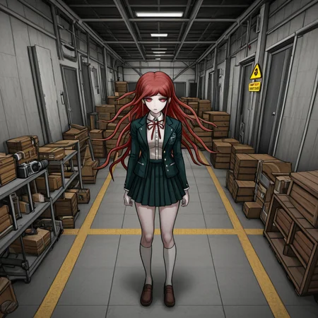 masterpiece, best quality, absurdres, <lora:Danganronpa_Locations:1>, danganronpa sprite style, danganronpa_sprite_style , <lora:Ryoko_Otonashi:0.2>, danganronpa/zero, danganronpa_(series), otonashi_ryouko, 1girl, breasts, red_eyes,red_hair, grey_jacket grey_skirt, dress_shirt, white_shirt, jacket, kneehighs, loafers, long_hair, long_sleeves, neck_ribbon, open_clothes, open_jacket, pleated_skirt, red_ribbon, ribbon,school_uniform, shirt, shoes, skirt, socks, solo,white_socks , indoor_scene,warehouse,storage_room,refrigerators,wooden_crates,checkered_floor,tripod,camera_equipment,warning_sign,yellow_warning_sign,concrete_floor,concrete_walls,industrial_setting,narrow_corridor,cluttered,boxes,stacked_crates,shadowy_lighting,caution_tape,long_corridor,perspective_view,danganronpa,danganronpa_(series),danganronpa_2:_goodbye_despair,danganronpa 2,danganronpa sprite style,danganronpa_sprite_style