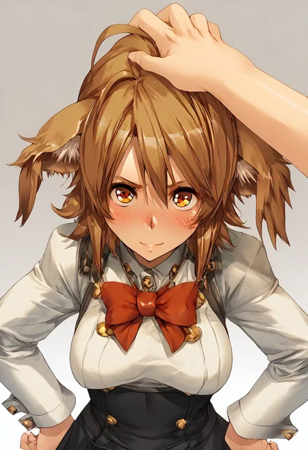 score_9, score_8_up, score_7_up, score_6_up, score_5_up, score_4_up, BREAK,  <lora:cmarket0826-sdxl-000028:1>, noa riads, 1girl, solo, breasts, blush, smile, short hair, simple background, brown hair, long sleeves, fluffy tail, ahoge, animal ears, dog ears, medium breasts,  swept bangs
shiny skin, school uniform, red bowtie, white shirt, black skirt, hands on hips, frown, blush, looking at viewer,
upper body, Eye focus
Artist Style: Urushihara Satoshi
headpat, pov hands, <lora:Headpat_XLPD:1>,