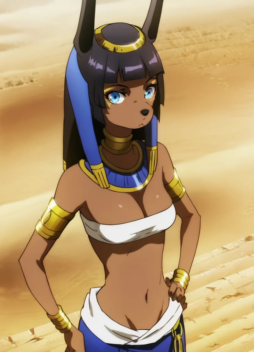 <lora:ANBS-02Pony1.0:1> anbs-02, headdress, 1girl, dark-skinned female, solo, egyptian, black hair, egyptian clothes, jackal ears, jewelry, long hair, furry female, blue eyes, bangs, breasts, blunt bangs, bracelet, armlet, navel,desert, score_9, score_8_up, score_7_up, score_6_up, score_5_up, score_4_up, looking at viewer, hand on own hip, cowboy shot,