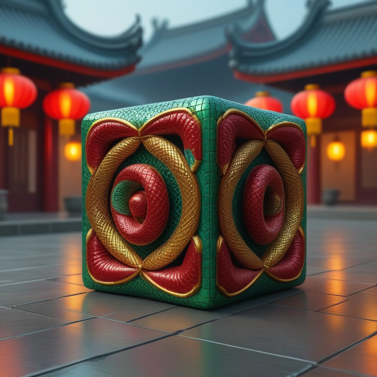 sn4k3bug cube, metallic scales in green, red, and gold colors. sn4k3bug create a detailed texture while forming all parts of the cube. The setting is a traditional Asian environment, featuring glowing red lanterns, typical architecture in the background, and a reflective stone floor. Soft lighting highlights sn4k3bug shimmer, ensuring the cube looks cohesive and colorful, maintaining a mysterious and vibrant atmosphere. <lora:sn4k3bug:0.65>