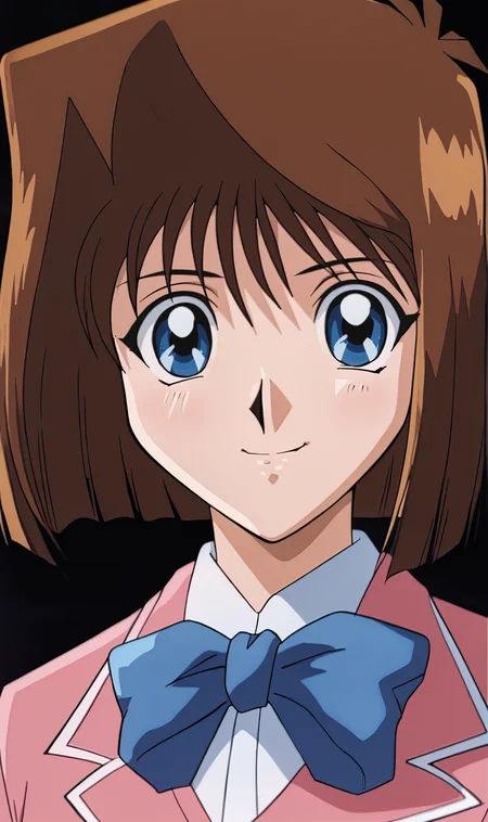 TG, 1girl, solo, brown hair, short hair, blue eyes, pink school uniform, blue bowtie, portrait, anime coloring, smile, looking at viewer, black background, <lora:Tea Gardner Pony XL:1>