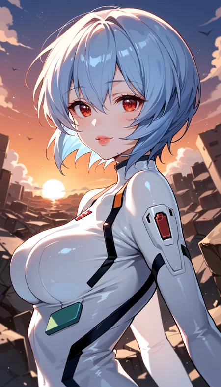 score_9, score_8_up, score_7_up, Anime Style, Portrait, (Ayanami Rei), cute, seductive, innocent, light smile:0.3, plump lips, slender body, red eyes, short light blue hair, floating hair, white plugsuit, sunset, rubble in the background, depth of field, dynamic angle, fashion photography, sharp, hyperdetailed:1.15