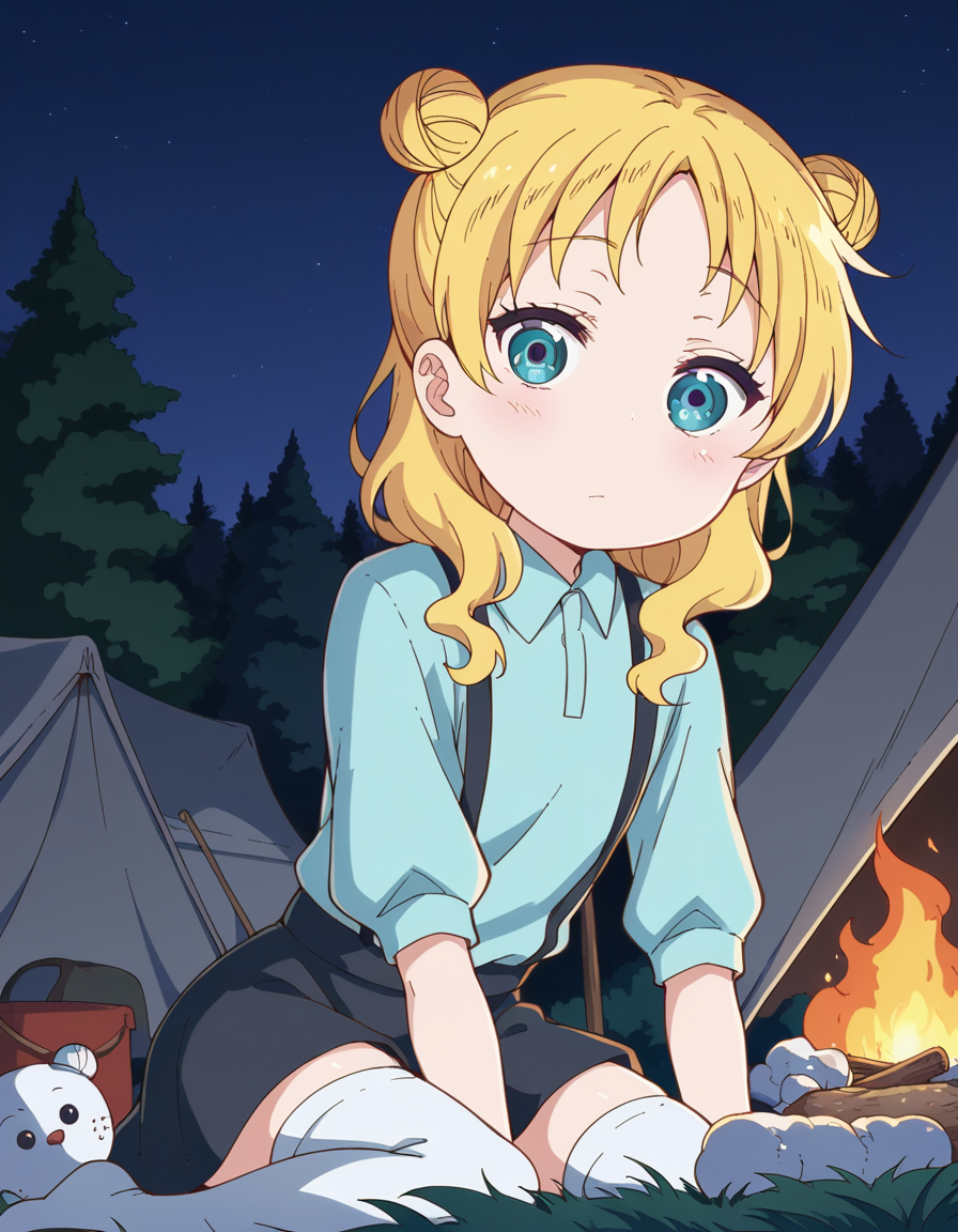 score_9, score_8_up, score_7_up, source_anime, <lora:dragon-chloe-s2-ponyxl-lora-nochekaiser:1>, chloe, blue eyes, blonde hair, hair bun, double bun, child, female child,, skirt, shirt, thighhighs, collared shirt, suspenders, blue shirt,, camping, bonfire, tent, stargazing, marshmallows, forest clearing, night, , looking at viewer, hands behind back, bent over,, solo,, dutch angle,
