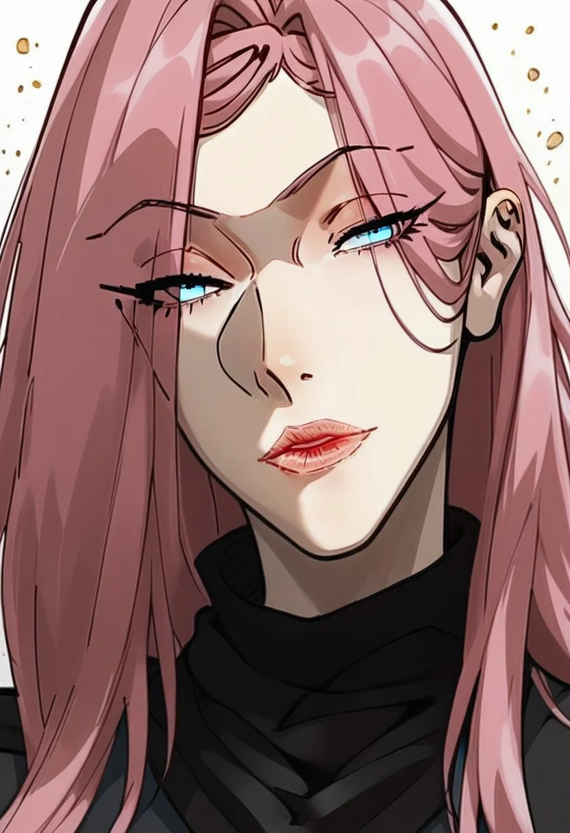 (score_9, score_8_up, score_7_up, score_5_up, score_5_up), Expressiveh, detailed face, longshuyun, 1gir, pink hair, long hair, blue eyes, eyes visible through hair, makeup, lipstick, large breasts, black sweater, turtleneck, masterpiece, best quality, portrait, white background, head tilt, looking at viewer, facing viewer, dynamic angle, golden light,light particles