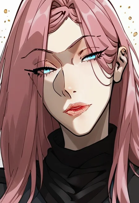 (score_9, score_8_up, score_7_up, score_5_up, score_5_up), Expressiveh, detailed face, longshuyun, 1gir, pink hair, long hair, blue eyes, eyes visible through hair, makeup, lipstick, large breasts, black sweater, turtleneck, masterpiece, best quality, portrait, white background, head tilt, looking at viewer, facing viewer, dynamic angle, golden light,light particles