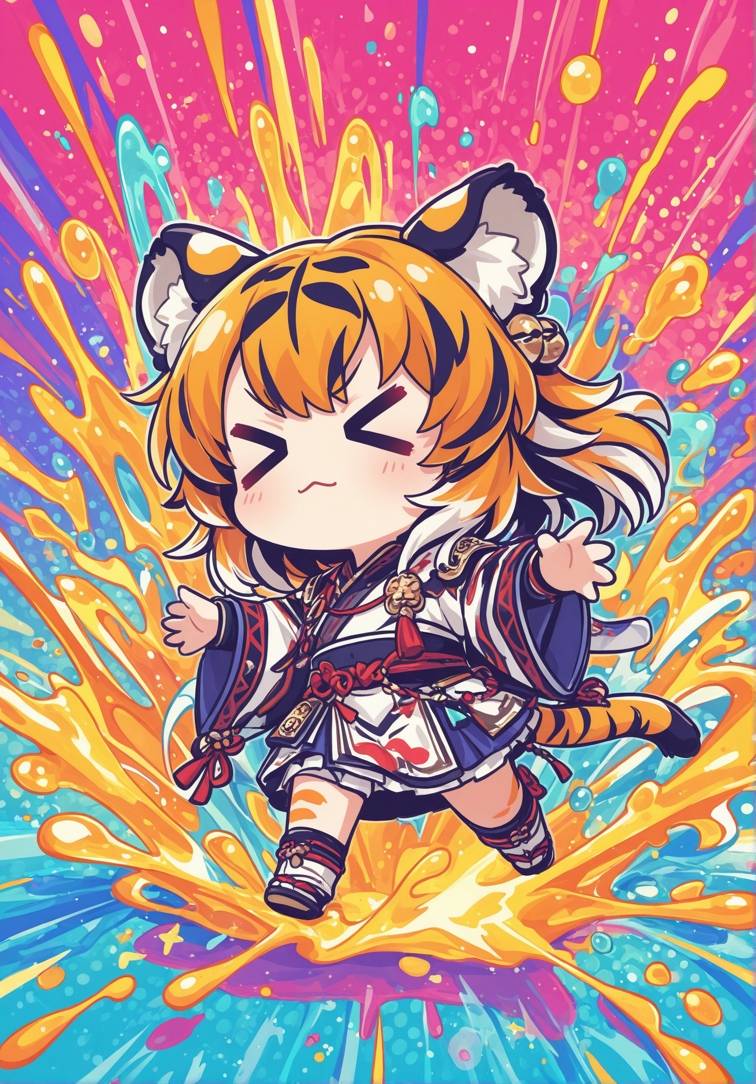 masterpiece, best quality, high quality, (solo), 1girl, colorful art, splash background, tiger_ears, chibi, =_=