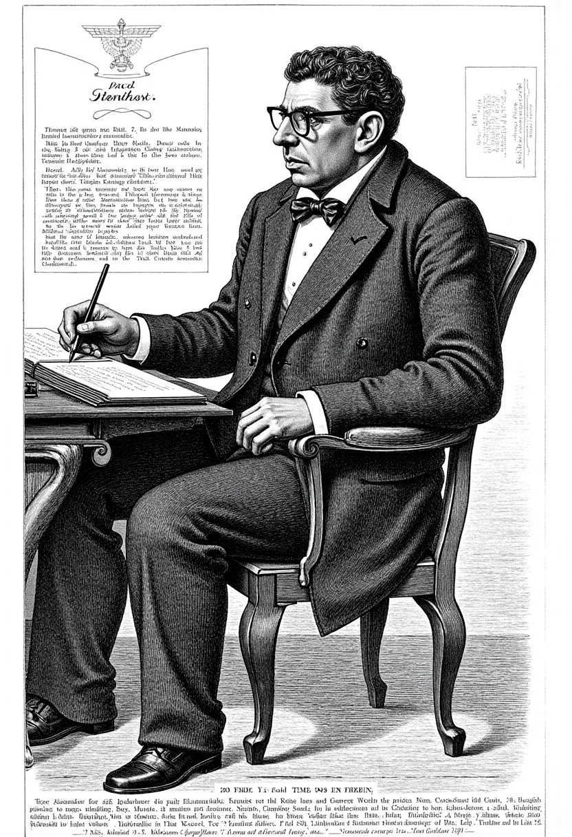 An etching of Jean-Paul Sartre sitting at his desk, writing existentialist philosophy and observing the absurdities of life.