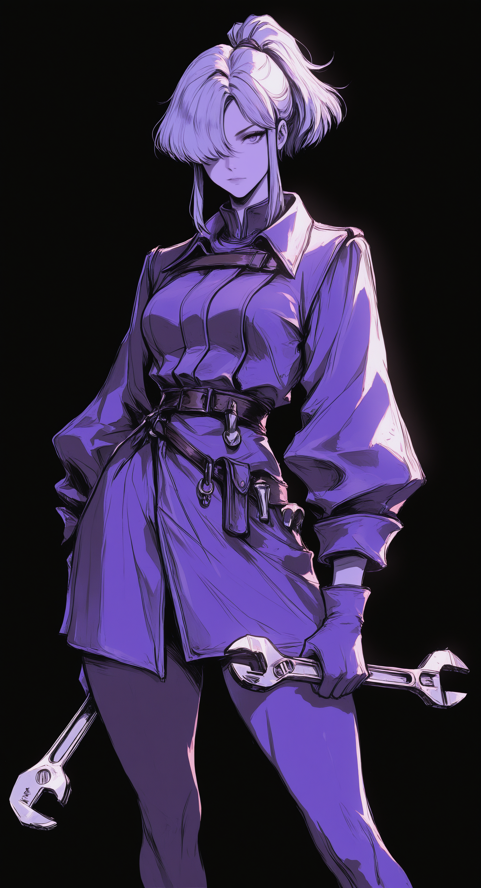 masterpiece, best quality, good quality, very awa, very aesthetic, absurdres, newest,  baba yaga (awaria), awaria, 1girl, black background, breasts, collared jacket, double sided wrench, feet out of frame, gloves, hair over one eye, holding, holding wrench, jacket, leggings, long sleeves, looking at viewer, medium breasts, one eye covered, ponytail, purple gloves, purple jacket, purple leggings, purple theme, short hair, sidelocks, solo, wrench, dark_fantasy_style, dark fantasy, retro,ï¼
gr4ph1t3, sketch <lora:ponyv6_noobV1_2_adamW-000017:0.7> <lora:USNR_STYLE_XL_lokr:0.45> <lora:dark_fantasy_anime_illustriousXL:0.6> <lora:MinimalColorSketchIllustriousV1:0.3>