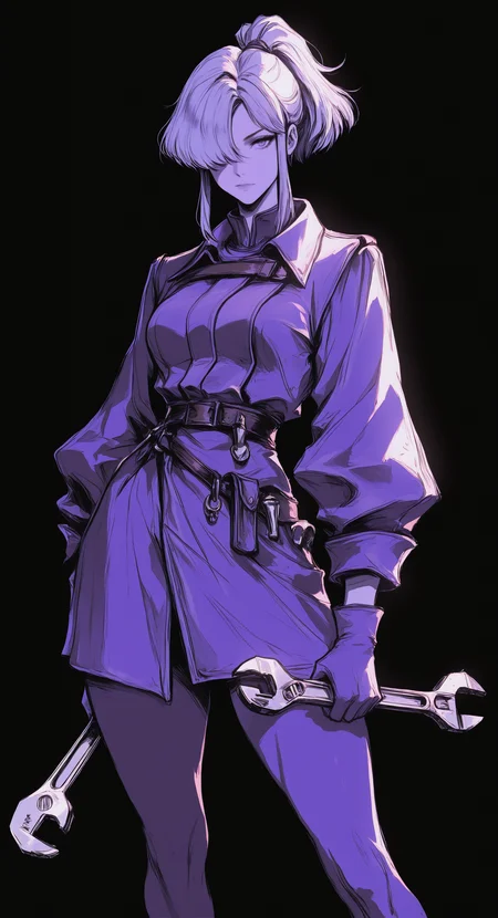 masterpiece, best quality, good quality, very awa, very aesthetic, absurdres, newest,  baba yaga (awaria), awaria, 1girl, black background, breasts, collared jacket, double sided wrench, feet out of frame, gloves, hair over one eye, holding, holding wrench, jacket, leggings, long sleeves, looking at viewer, medium breasts, one eye covered, ponytail, purple gloves, purple jacket, purple leggings, purple theme, short hair, sidelocks, solo, wrench, dark_fantasy_style, dark fantasy, retro,ï¼
gr4ph1t3, sketch <lora:ponyv6_noobV1_2_adamW-000017:0.7> <lora:USNR_STYLE_XL_lokr:0.45> <lora:dark_fantasy_anime_illustriousXL:0.6> <lora:MinimalColorSketchIllustriousV1:0.3>