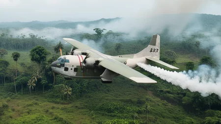 cinematic movie still of USAF (AIR_C123:2) flying over a village in a jungle, extremely detailed, viet nam, spraying white fog behind it, village on fire below, hyperdetailed, shallow depth of field, f1.4, <lora:AC_C123:1>