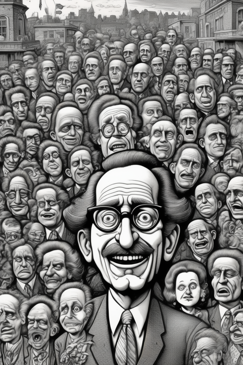 <lora:Robert Crumb Style:1>Robert Crumb Style - illustration in the style of Robert Crumb of a president, unique scenes, intricate and detailed linework, cross-hatching and fine lines to create texture and depth, certain physical attributes to convey personality and emotions, highly expressive facial expressions, wide range of emotions, often conveying satire, humor, or social commentary, style emerged from the underground comix movement of the 1960s and 1970s, countercultural themes