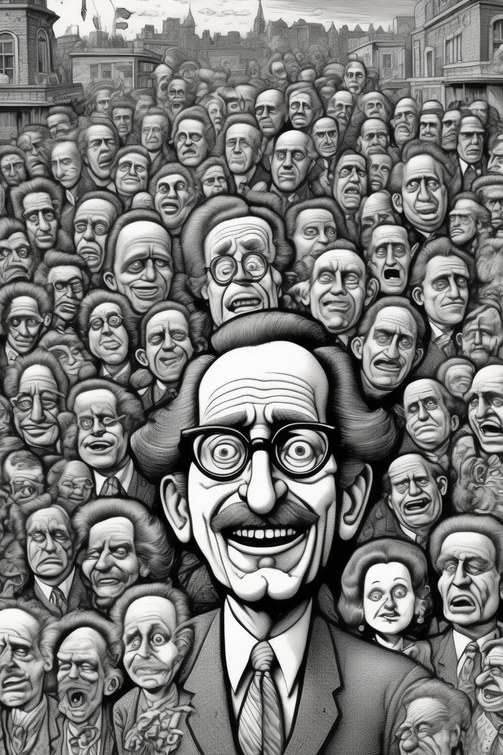 <lora:Robert Crumb Style:1>Robert Crumb Style - illustration in the style of Robert Crumb of a president, unique scenes, intricate and detailed linework, cross-hatching and fine lines to create texture and depth, certain physical attributes to convey personality and emotions, highly expressive facial expressions, wide range of emotions, often conveying satire, humor, or social commentary, style emerged from the underground comix movement of the 1960s and 1970s, countercultural themes