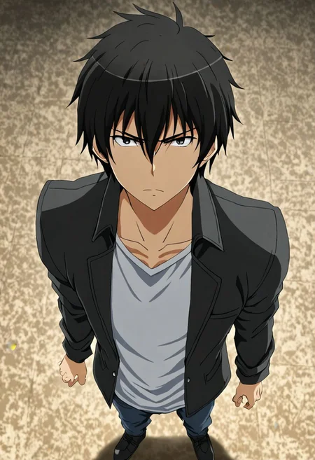 high resolution, solo, best quality, 1Boy, Kanie Seiya, Black Hair, standing, straight facing upwards, casual, seen from above, arrogant face, dominant, intimidate, OverallDetail
