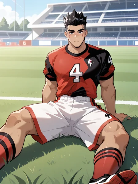 anthro,masterpiece,best quality,amazing quality,very aesthetic,absurdres,1boy,newest,male,absolute_territory,pectorals,detailed,feet,muscular,black hair,short hair,black eyes,spiky hair,outdoor,day,from the front,tie jia,wearing a red football uniform,white shorts,bara,black football shoes,lightning facial mark,cowboy_shot,sit on the grass,<lora:lora-000007.TA_trained:1>,