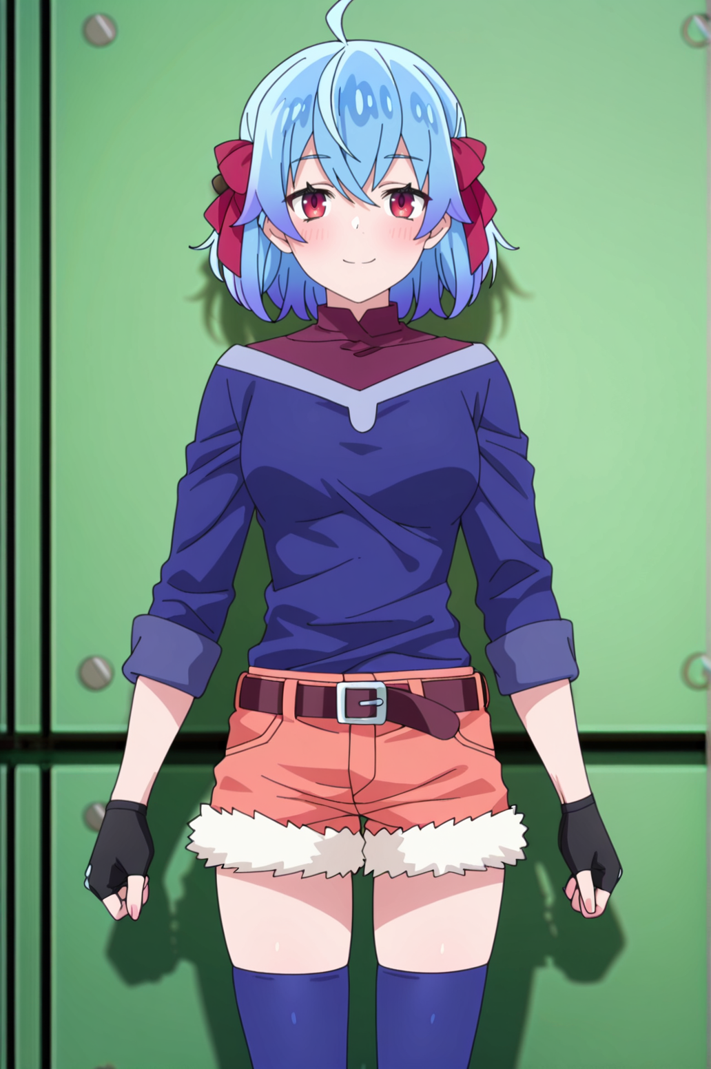 masterpiece, best quality, absurdres, highres, very aesthetic, very awa, BREAK, anime coloring, anime screencap,
<lora:ruti_ragnason_v1-illustrious:1>, 1girl, ruti ragnason, shin no nakama, red eyes, blue hair, ahoge, short hair, hair bow, red bow,
ruticasu, blue shirt, gloves, orange shorts, fur-trimmed shorts, belt, blue thighhighs, fingerless gloves, 
BREAK, looking at viewer, smile, blush,
BREAK,