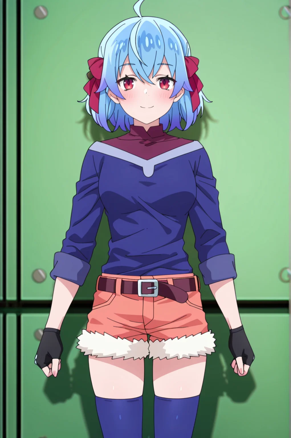 masterpiece, best quality, absurdres, highres, very aesthetic, very awa, BREAK, anime coloring, anime screencap,
<lora:ruti_ragnason_v1-illustrious:1>, 1girl, ruti ragnason, shin no nakama, red eyes, blue hair, ahoge, short hair, hair bow, red bow,
ruticasu, blue shirt, gloves, orange shorts, fur-trimmed shorts, belt, blue thighhighs, fingerless gloves, 
BREAK, looking at viewer, smile, blush,
BREAK,