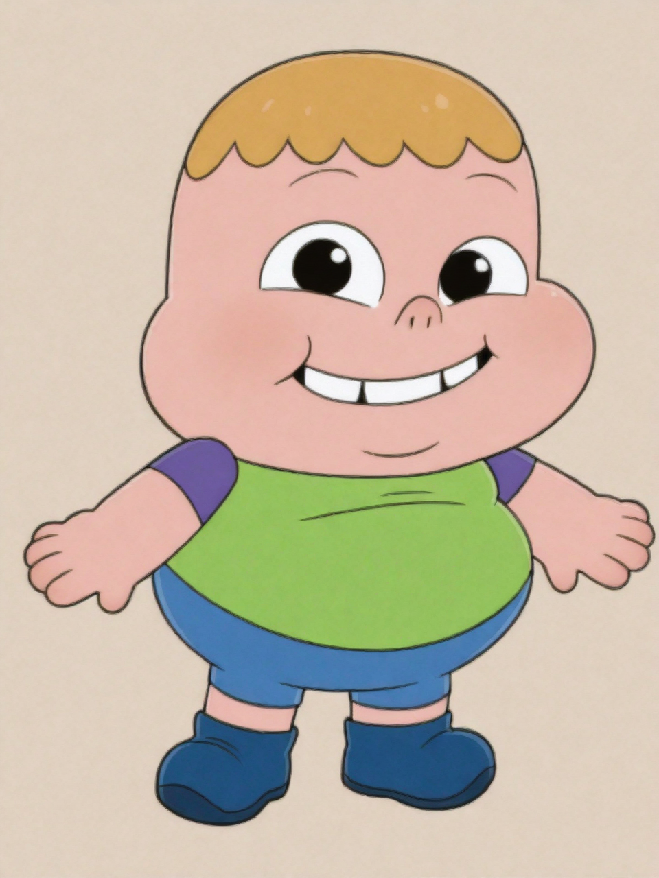 ILXLpos,chibi,Clarence, 1boy, male focus, plump, fat, chubby, obese, earless, no ears, two teeth, nostrils, young, short, blonde hair,green shirt, purple sleeves, blue shorts, blue shoes,smile,looking at viewer,<lora:Clarence Wendle:0.8>,<lora:Old MapleStory Style:1.0>