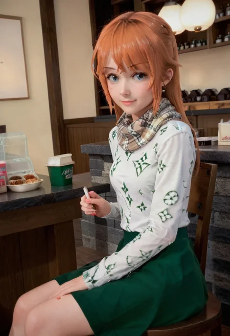 score_9_up, score_8_up, score_7_up, rating_sensitive, 1girl, sitting, coffee shop, side view, smiling, light_blush, skirt riding up, slim figure, indoor, natural light, soft shadows, very detailed background, highres, intricate detail, beautiful detailing, depth_of_field, cinematic lighting, warm colors, soft focus, vibrant, high quality, photo realistic, hyper detailed, professional lighting, elegant composition, masterfully rendered, winter_molly