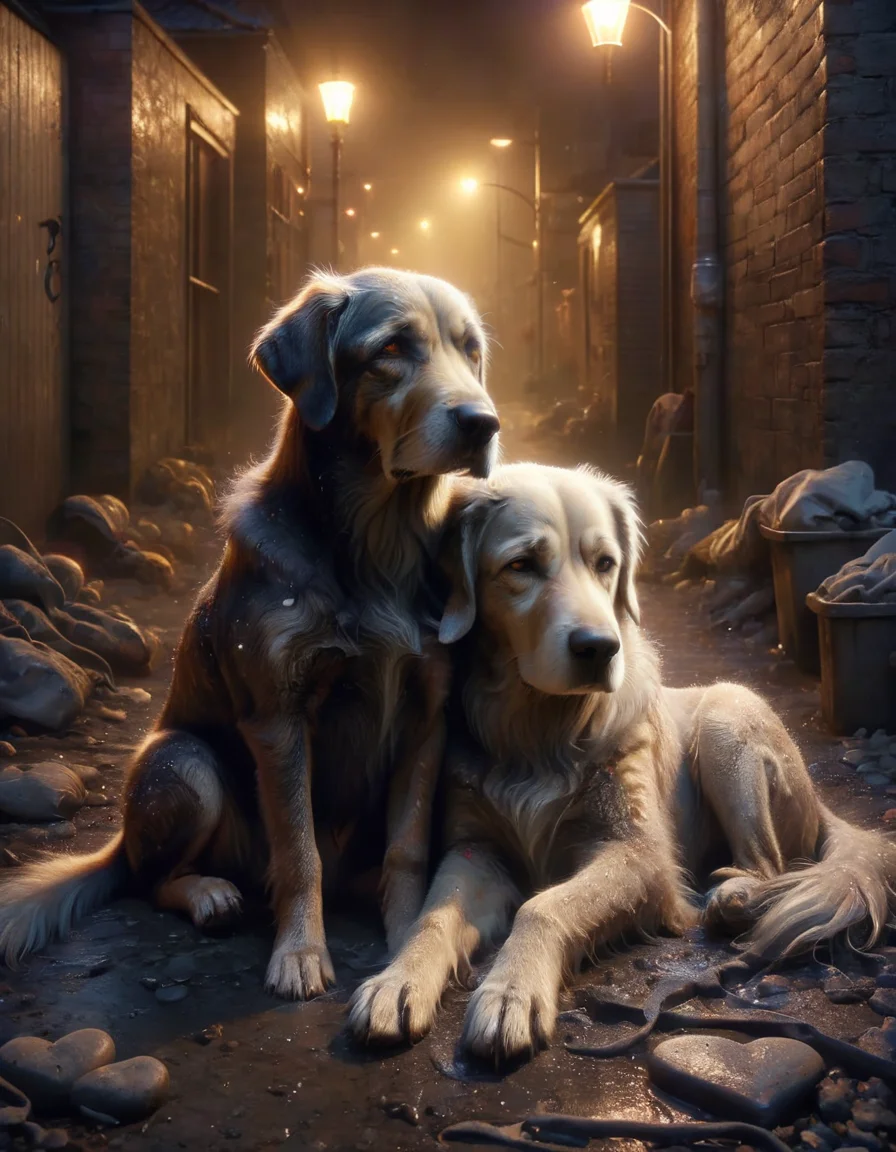 a couple of old dogs, in a dark and dirty alley, with a sad life, cuddling together to give each other company and warmth, made of ral-vltne <lora:ral-vltne-sdxl:1>