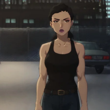 safe_pos, score_9, score_8_up, score_7_up, 1girl, solo, lipstick, black hair, ponytail, brown eyes, breast, black tank top, sleeveless, bare shoulders, pants, belt, jeans, ReneeDCAMU, looking at viewer, standing, serious, outdoors, city, night