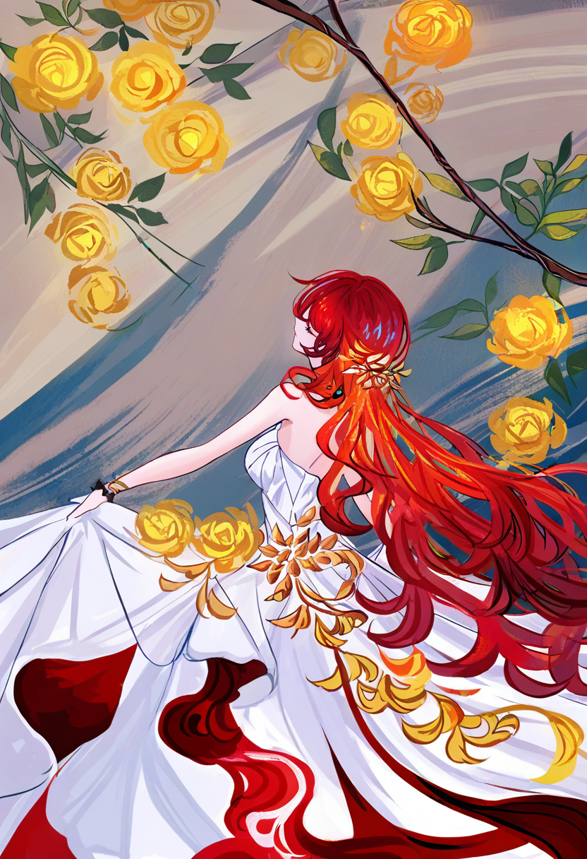 himeko \(honkai: star rail\), 1girl, long hair, dress, red hair, solo, white dress, very long hair, skirt hold, flower, bare shoulders, hair ornament, profile, breasts, closed eyes, yellow flower <lora:cqtlatteXL_NBVP1_lokr_V6311P:0.95>