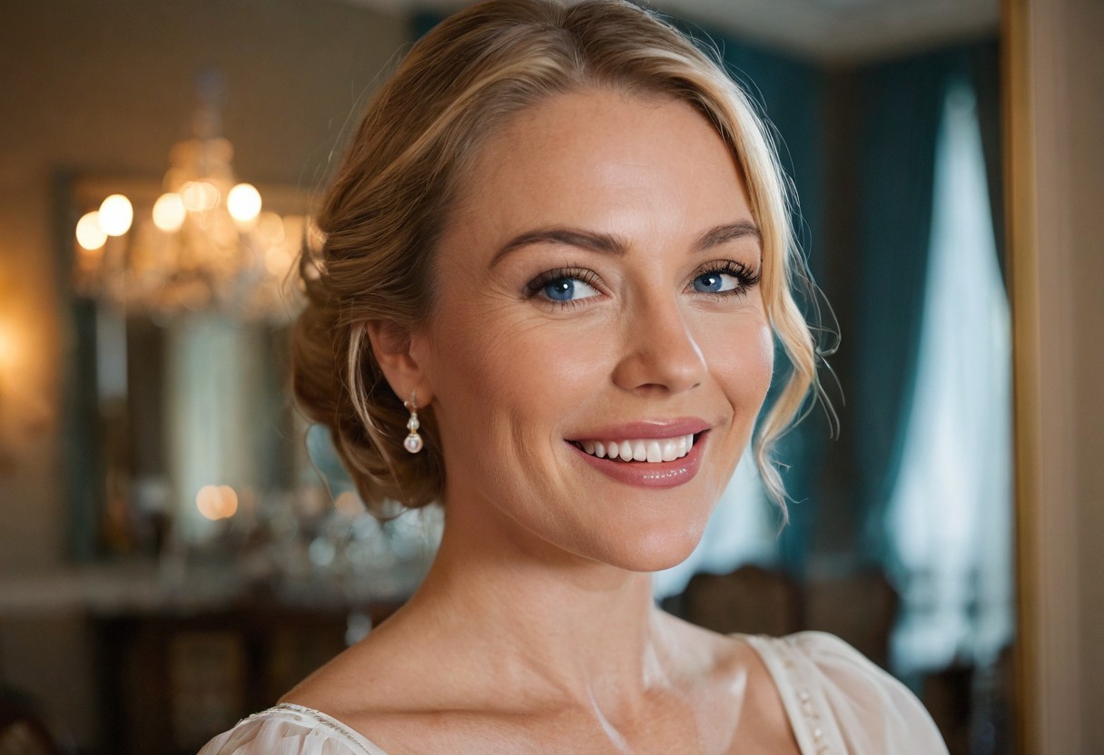 A hyper-detailed, high-resolution (8K) close-up portrait of a 40-year-old woman with sleek blonde hair tied back in a soft bun, wearing a light, airy white blouse. Her striking blue eyes gleam with happiness, framed by delicate laugh lines that enhance her natural charm. The background is intentionally blurred, suggesting an opulent hotel lounge—crystal chandeliers, velvet drapes, and the soft glow of candlelight reflecting in gilded mirrors. Shot with a Hasselblad H6D-100c medium-format camera, using a tight crop and a shallow depth of field (f/2.8) to capture the luminous quality of her skin against the rich, moody backdrop. The lighting is sumptuous and directional, evoking the elegance of classic Hollywood portraiture."