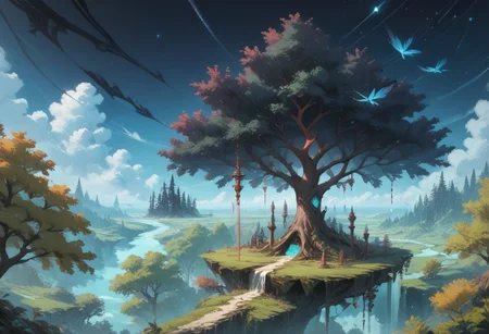 (score_9), (score_8_up), (score_7_up), (Cell Shading), (source_anime)+, (masterpiece), best quality, tree, bioluminescent trees, floating islands, fantasy aesthetic, misty atmosphere, surreal sky, style-sylvamagic, black void