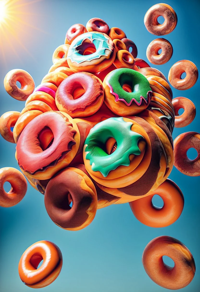 low angle, funky purple octopus made of doughnuts, spinning
made of doughnuts, DJ set, beach party made of doughnuts, orange sunset made of doughnuts, blue sky made of doughnuts, crashing ocean blue and white waves made of doughnuts, ral-octprms, d0nu71f13d