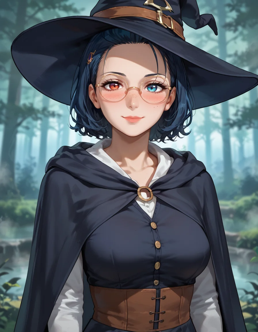 16k, 8k, 4k,
score_9, score_8_up, score_7_up, flat anime,
best quality, masterpiece, ultra detailed,
<lora:Expressive_H:1>, 28 years old, 180 cm height, mature, nose, lips, closed mouth, light smile, (blush:1.3),
looking at viewer, portrait,
<lora:Everlasting_Summer_Viola:0.7>, viola, short hair, heterochromia eyes, left eye red, blue eye blue, blue eyes, heterochromia, red eyes, black hair, blue hair, medium breasts, milf woman solo,
witch, witch hat, witch cloak, circle glasses, face freckles, hair accessory,
amazing background, colorful background, blurry background, bokeh, forest, fog, day, very fog background,