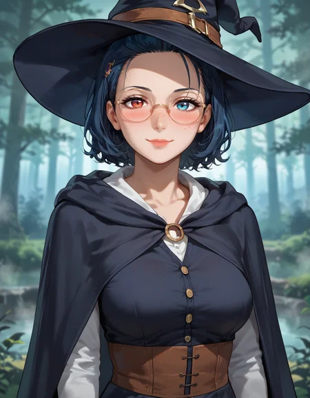 16k, 8k, 4k,
score_9, score_8_up, score_7_up, flat anime,
best quality, masterpiece, ultra detailed,
<lora:Expressive_H:1>, 28 years old, 180 cm height, mature, nose, lips, closed mouth, light smile, (blush:1.3),
looking at viewer, portrait,
<lora:Everlasting_Summer_Viola:0.7>, viola, short hair, heterochromia eyes, left eye red, blue eye blue, blue eyes, heterochromia, red eyes, black hair, blue hair, medium breasts, milf woman solo,
witch, witch hat, witch cloak, circle glasses, face freckles, hair accessory,
amazing background, colorful background, blurry background, bokeh, forest, fog, day, very fog background,