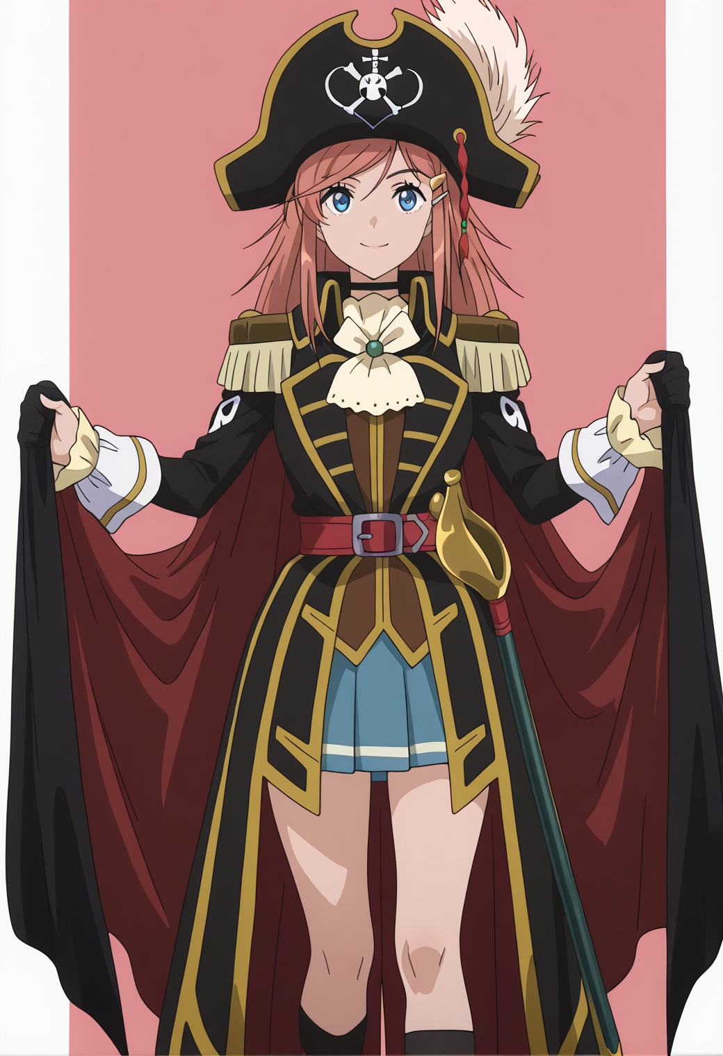 masterpiece, best quality, very aesthetic, absurdres, 1girl, solo,
<lora:kato_marika_v01:1>, kato_marika, marika_pirates1, brown hair, long hair, blue eyes, hairclip,
pirate, pirate hat, hat feather, multicolored cape, red cape, black cape, epaulettes, black choker, white ascot, red belt, blue skirt, plated skirt, black socks, brown loafers, smile, posing, holding cape
