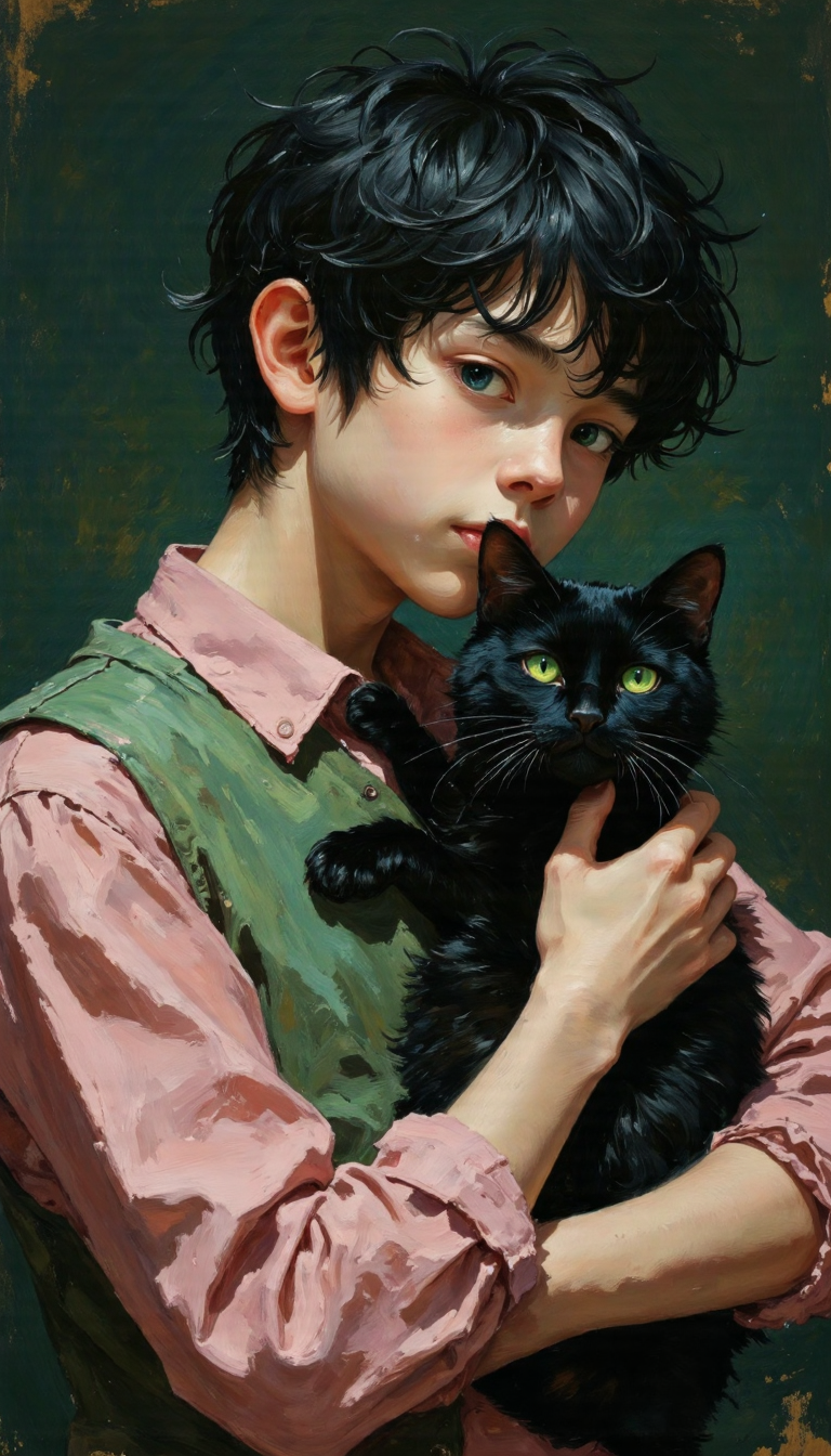This image captures an intimate and striking portrait of a young individual and their black cat, unified by their vivid green eyes and direct gazes. The interplay of soft textures, contrasting colors, and diffused lighting creates a harmonious and slightly surreal composition. The work blends hyperrealism with fantasy elements, evoking a sense of mystery, tenderness, and quiet intensity.