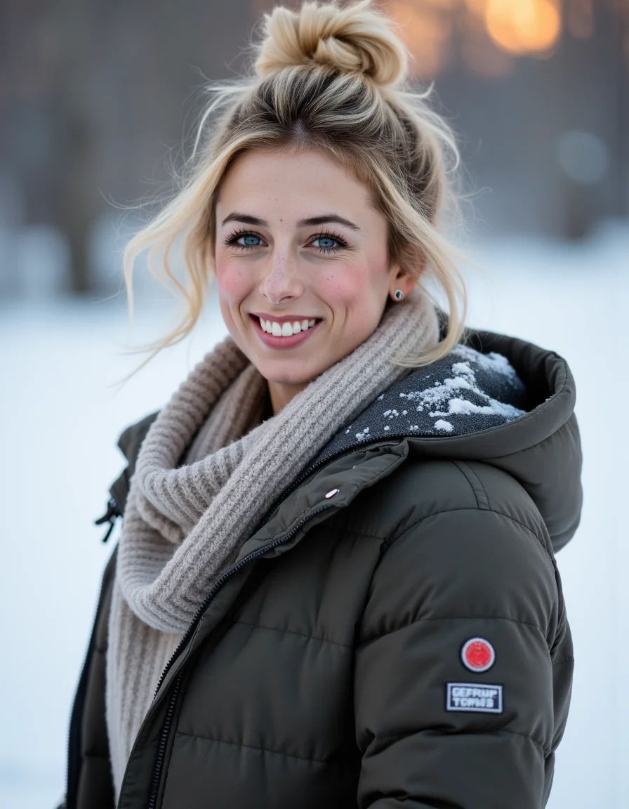 8k hdr. <lora:IlizaSflux1a-000001:1> She has a light skin tone and is smiling warmly at the camera. Her blonde hair is styled in a casual, loose updo with a few strands framing her face wearing winter clothes thick jacket, sweater and scarf, snow is accumulating on her hair, shoulders and clothes, Dynamic pose, at Dawn, Fujifilm XT3, F/8, photo-realistic face