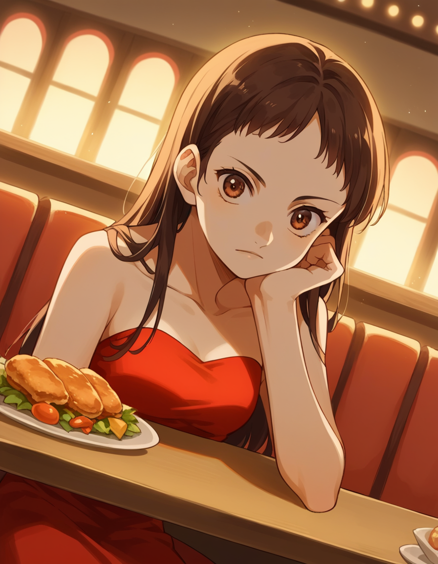 score_9, score_8_up, score_7_up, source_anime, <lora:emi-igawa-s1-ponyxl-lora-nochekaiser:1>,, emi igawa, long hair, brown eyes,, dress, red dress, collarbone, bare shoulders,, restaurant, laughter, good food, warm lighting, celebration, , looking at viewer, sitting, head rest, table,, solo,, cowboy shot, dutch angle