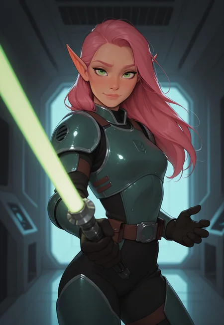 masterpiece, best quality, amazing quality, very aesthetic, DISNEY_ANIMATION, incoth, (incase:0.6), female, solo, (depth of field), spaceport, indoors, sci-fi, futuristic,

elf, pink hair, green eyes, cute face, slender, small breasts, long hair swept to one side, beautiful, kawaii, (short ears), serene expression,

mandalorian armor, green lightsaber,

standing, dynamic pose, swordmaster stance, looking at viewer,