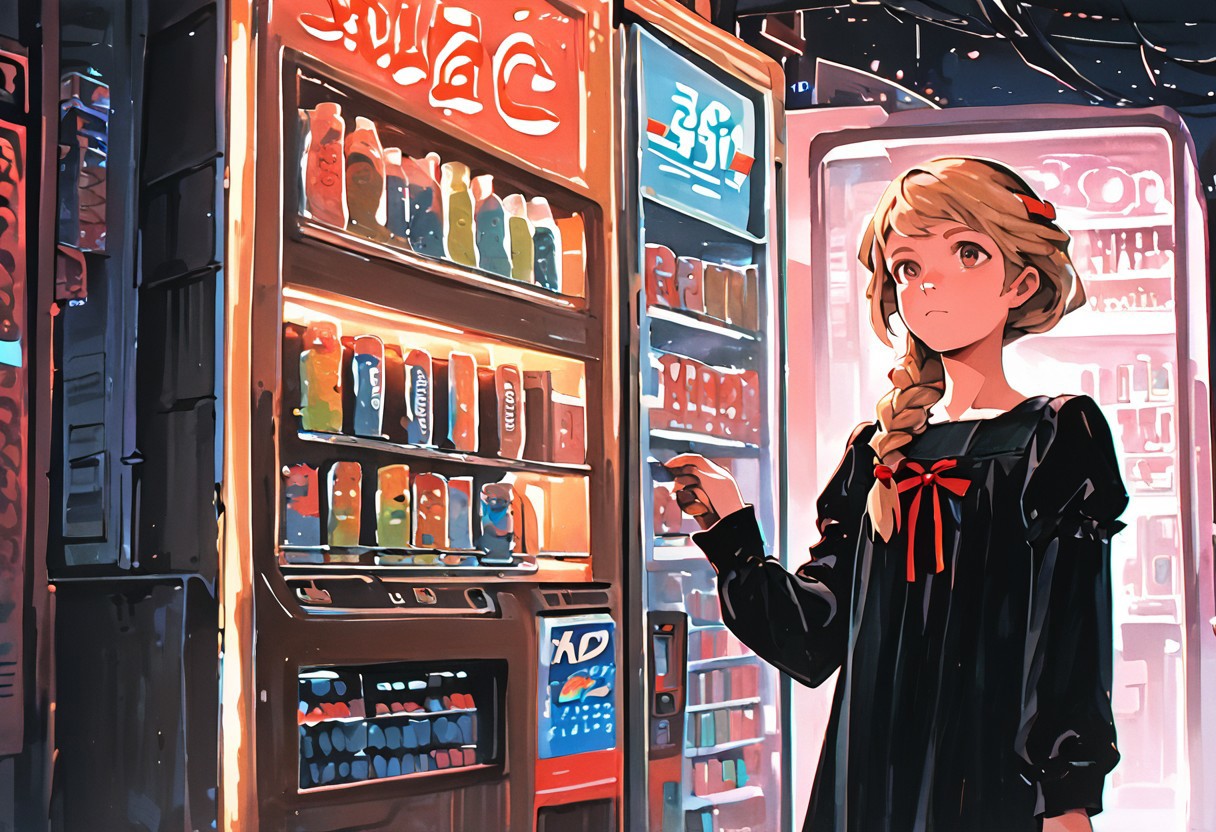 shading, water color painting, traditional media, score_9, score_8_up, score_7_up, Natalie-Korda, blonde hair, single braid, brown eyes, black dress, red ribbon, tights, cyberpunk, vending machine, neon lights, sensitive