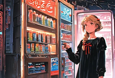 shading, water color painting, traditional media, score_9, score_8_up, score_7_up, Natalie-Korda, blonde hair, single braid, brown eyes, black dress, red ribbon, tights, cyberpunk, vending machine, neon lights, sensitive