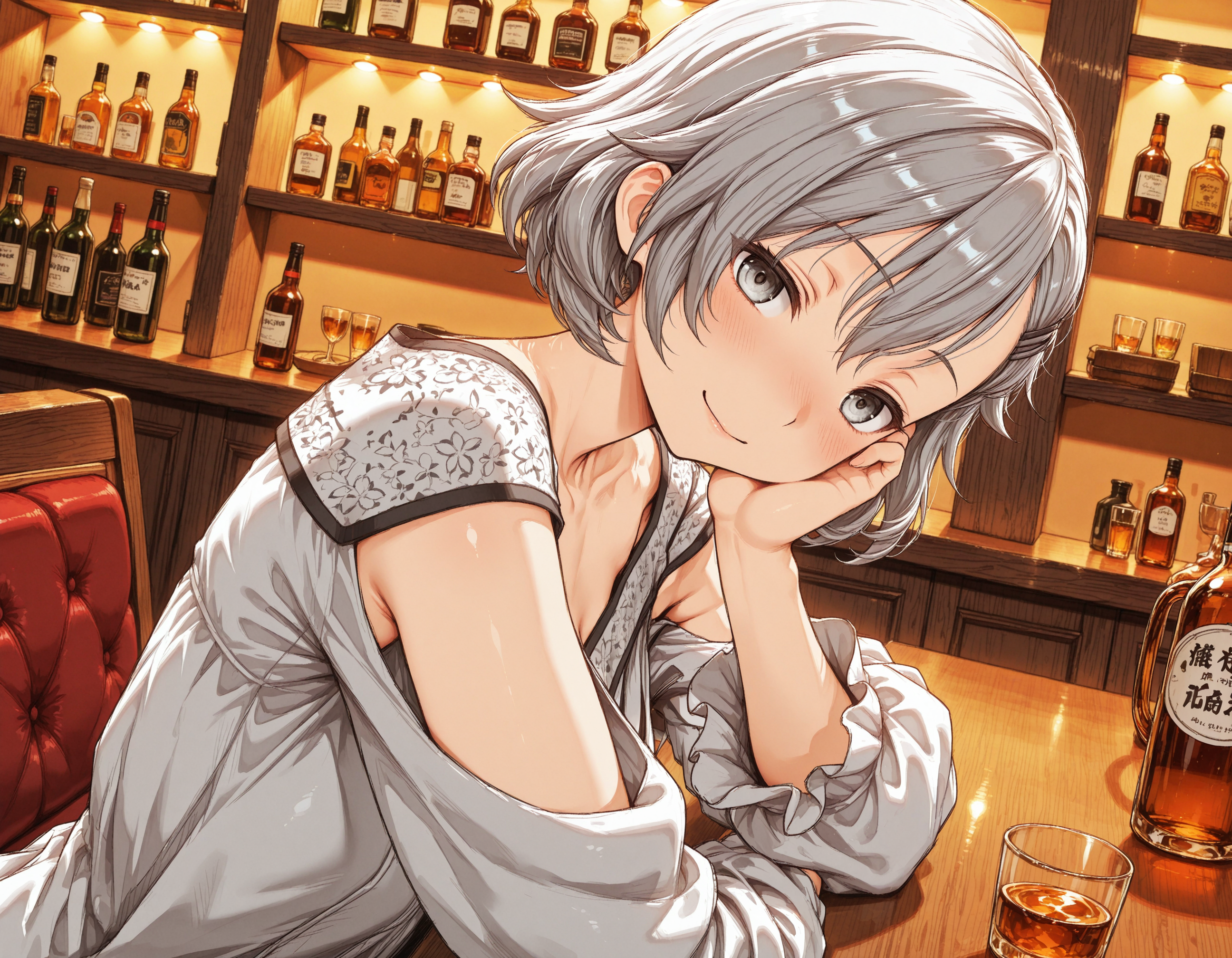 1girl, <lora:orikishi_mitsu:1> ,orikishi_mitsu,mitsu_dress,
bar,indoors,dim lighting, drunk,head tilt,sitting,from_side,upper_body,blush,smile,looking at viewer, one hand on own cheek
dutch angle,
<lora:dmd2_sdxl_4step_lora_fp16:1>