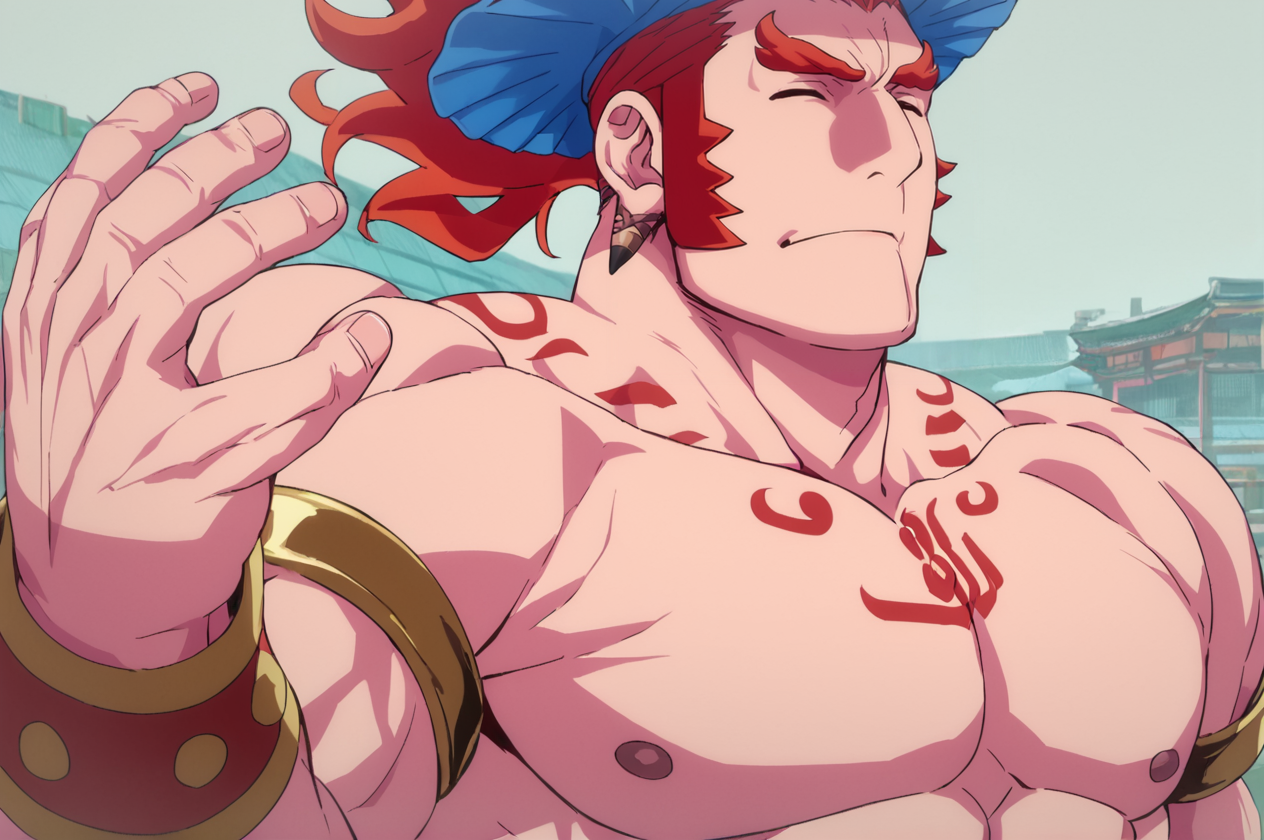 score_9, score_8_up, score_7_up, score_6_up, score_5_up, score_4_up, source_anime, BREAK , muscle mature male ,bara, male focus, man, manly, mature, long hair, mature man, closed eyes,muscular, red eyes, red hair, senya, tatto,, detailed background <lora:Expressive_H:1> <lora:Bara-Variety:1> <lora:PerfectEyesXL:1> <lora:Senya:1>