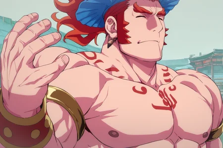 score_9, score_8_up, score_7_up, score_6_up, score_5_up, score_4_up, source_anime, BREAK , muscle mature male ,bara, male focus, man, manly, mature, long hair, mature man, closed eyes,muscular, red eyes, red hair, senya, tatto,, detailed background <lora:Expressive_H:1> <lora:Bara-Variety:1> <lora:PerfectEyesXL:1> <lora:Senya:1>