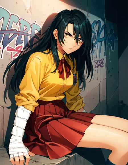 score_9, score_8_up, score_7_up, <lora:peridot-voice-ponyxl-000022:0.8> suruga, long hair, hand wraps, school uniform, yellow shirt, red ribbon, pleated skirt, red skirt
hand over eye, against wall, sitting, graffiti, serious