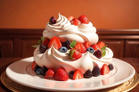 delicious meringue cake in the shape of a torus, with berries, lingonberries, raspberries, strawberries, sea buckthorn, cloudberry, cherry, mint branches, with gilding, close-up, texture of meringue, berries and cream, photorealism, hyperdetalization, restaurant serving, beautiful serving, soft light, autumn serving