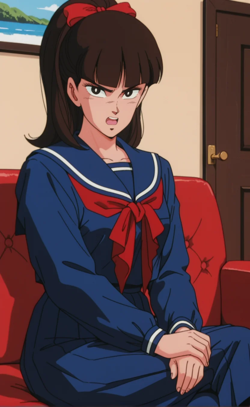1girl,h1sch0lm1stery1masu0m1suz, retro artstyle,1980s \(style\), solo,ponytail,brown hair,black hair,blunt bangs,medium breasts, black eyes, school uniform, red bow, sailor collar, blue serafuku, red neckerchief, long skirt,indoors,living room,,angry ,,v arms ,sitting,sofa,crossed legs  ,from side ,cowboy shot ,open mouth ,looking at viewer,best quality,masterpiece,sensitive,<lora:HighSchoolMisteryMasuoMisuzuNoobAI:1>